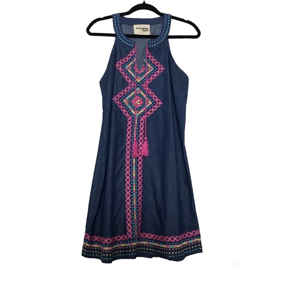 Savanah Jane Boho Blue Chambray Embroidered Sleeveless Shift Dress Sz S - Picture 4 of 14